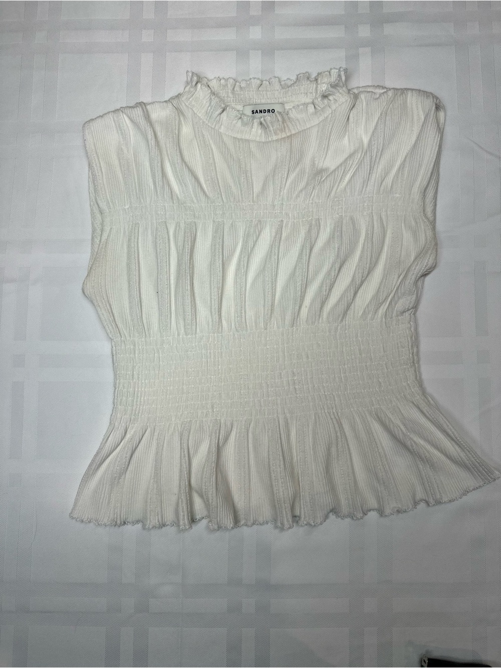 Sandro Paris White Corinne Smocked Peplum Blouse Top Size 1 S